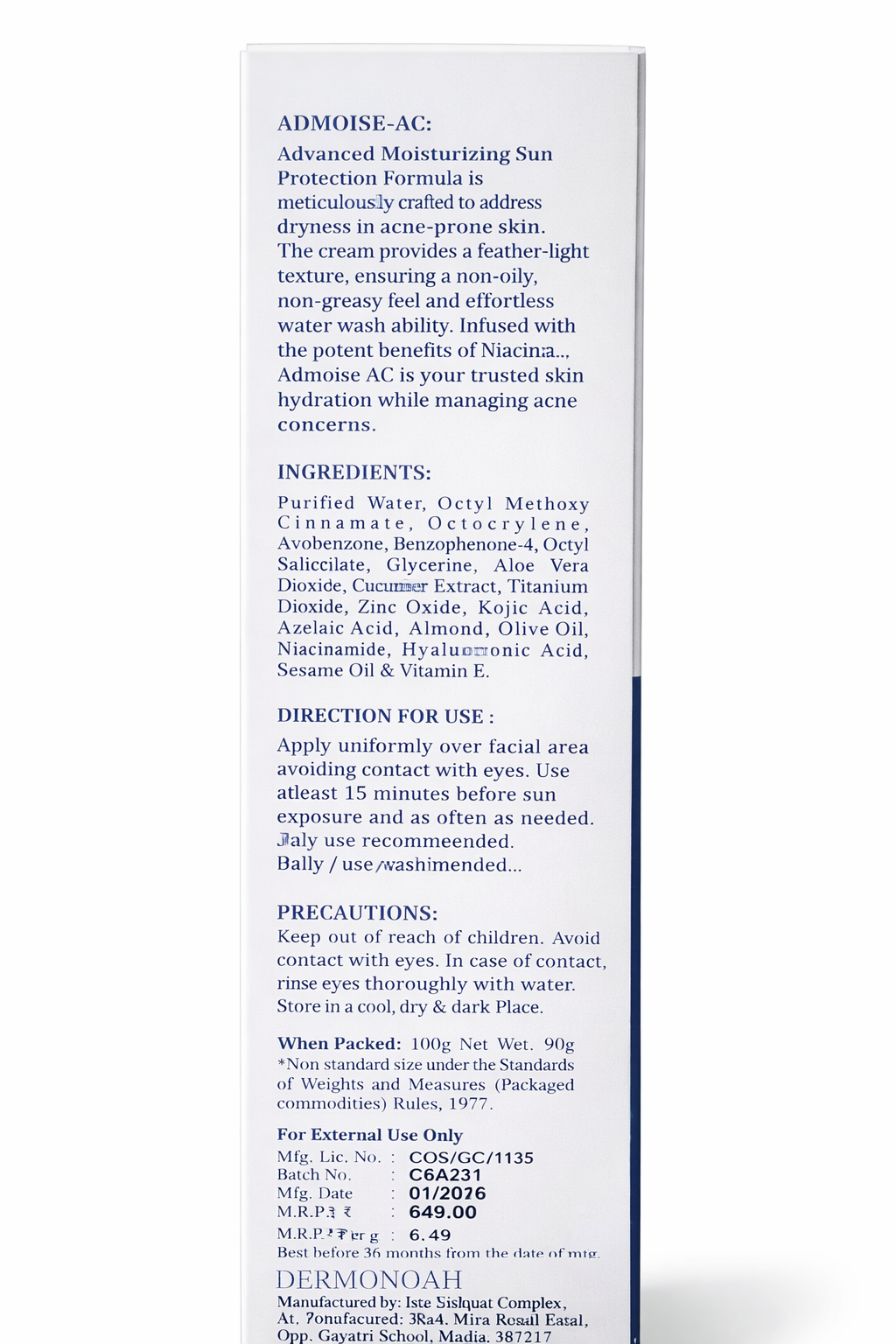 admoise ac acne control moisturiser with spf 50+ – 100ml