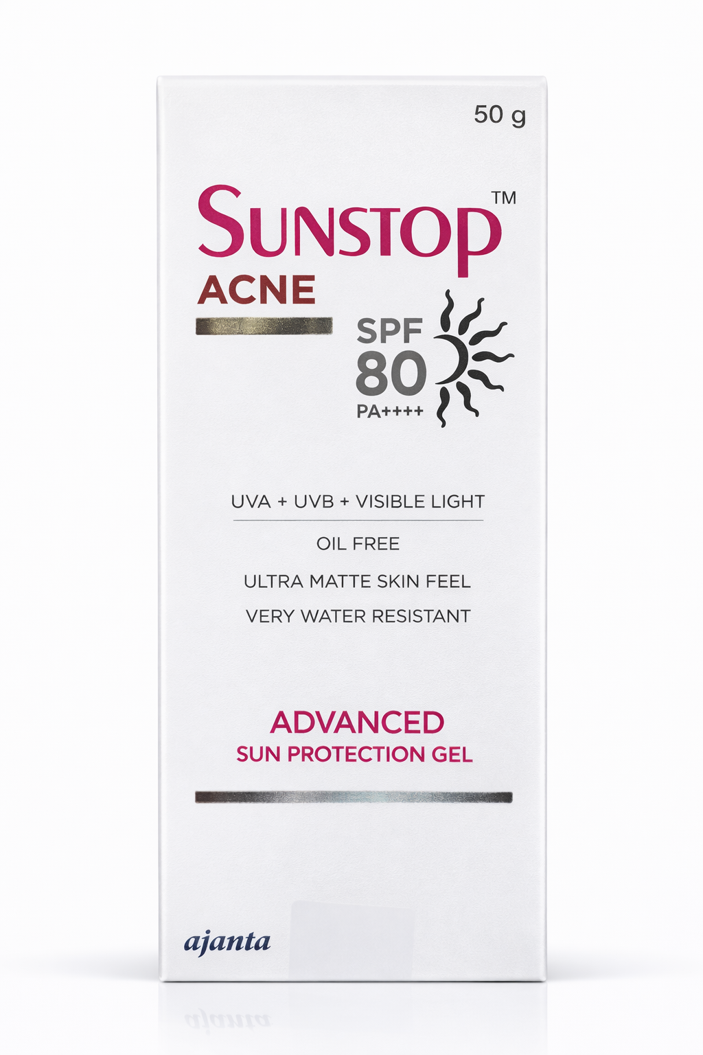 sunstop acne spf 80 pa++++ sunscreen gel | advanced sun protection | oil-free ultra matte | uva uvb + visible light protection | 50g