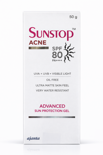 Sunstop Acne SPF 80 PA++++ Sunscreen Gel | Advanced Sun Protection | Oil-Free Ultra Matte | UVA UVB + Visible Light Protection | 50g