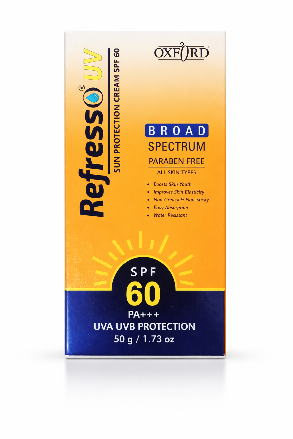 refresso uv sun protection cream spf 60 pa+++ | broad spectrum uva uvb protection, water resistant, non-greasy – 50g