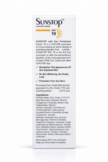 Sunstop SPF 19 Sunscreen Cream | Solar Smart Cream | Broad Spectrum UVA/UVB Protection | Oil-Free & Paraben-Free | 60g