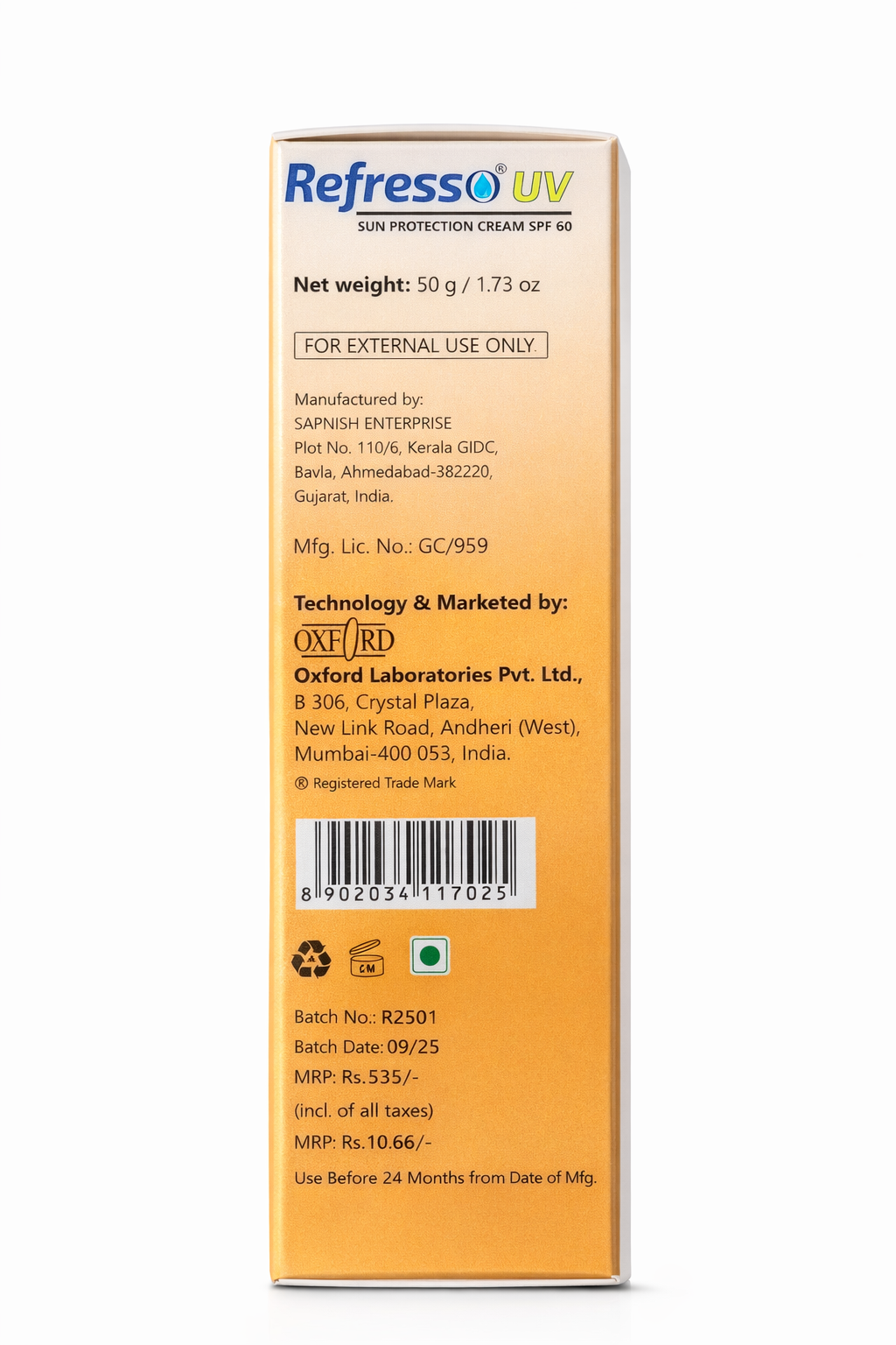 refresso uv sun protection cream spf 60 pa+++ | broad spectrum uva uvb protection, water resistant, non-greasy – 50g