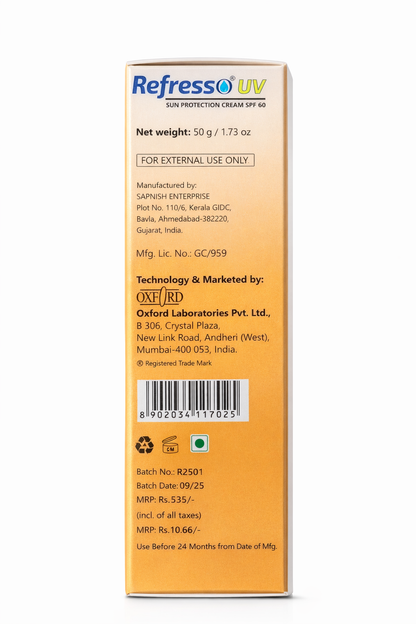 Refresso UV Sun Protection Cream SPF 60 PA+++ | Broad Spectrum UVA UVB Protection, Water Resistant, Non-Greasy – 50g