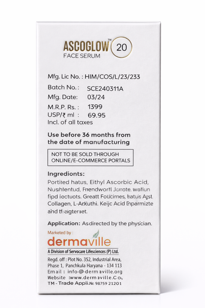 ASCOGLOW™ 20 Vitamin C Face Serum – Brightening & Anti-Aging Formula with Hyaluronic Acid & Ferulic Acid (20ml)
