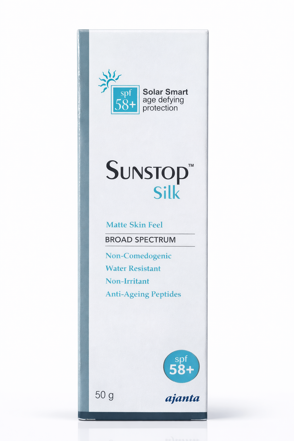 sunstop silk spf 58+ sunscreen | solar smart age defying protection | matte skin feel | broad spectrum | non-comedogenic & water resistant | 50g