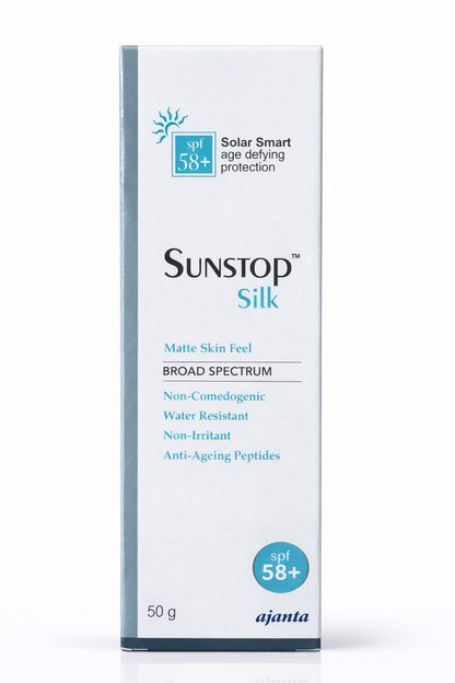 Sunstop Silk SPF 58+ Sunscreen | Solar Smart Age Defying Protection | Matte Skin Feel | Broad Spectrum | Non-Comedogenic & Water Resistant | 50g