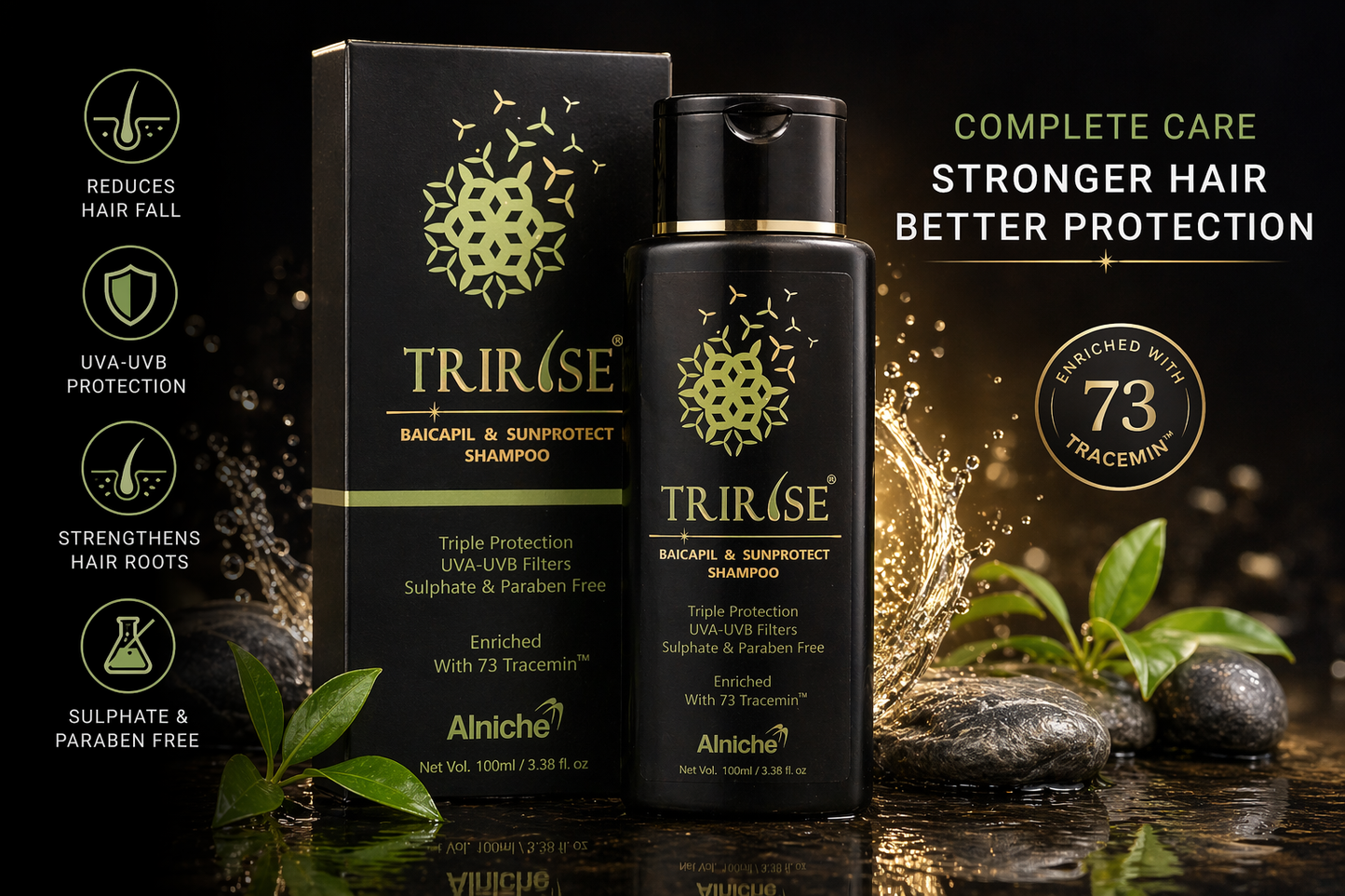 tririse shampoo baicapil & sunprotect formula triple protection | sulphate & paraben free | enriched with 73 tracemin™ 100ml