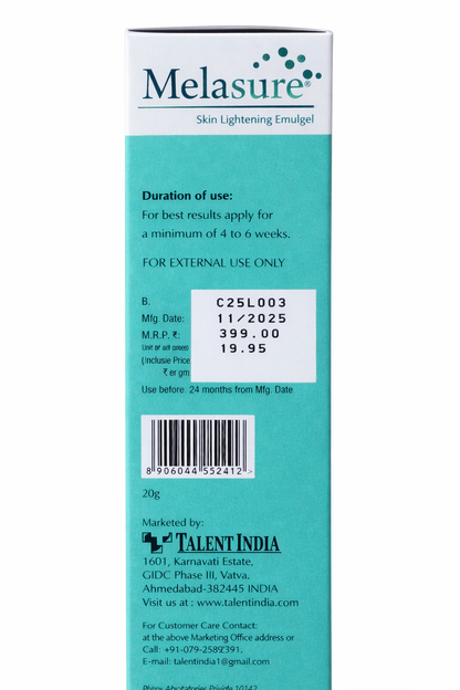 Melasure Skin Lightening Emulgel 20g | Brightening & Even Tone Cream | Dermatologically Tested, Fragrance Free