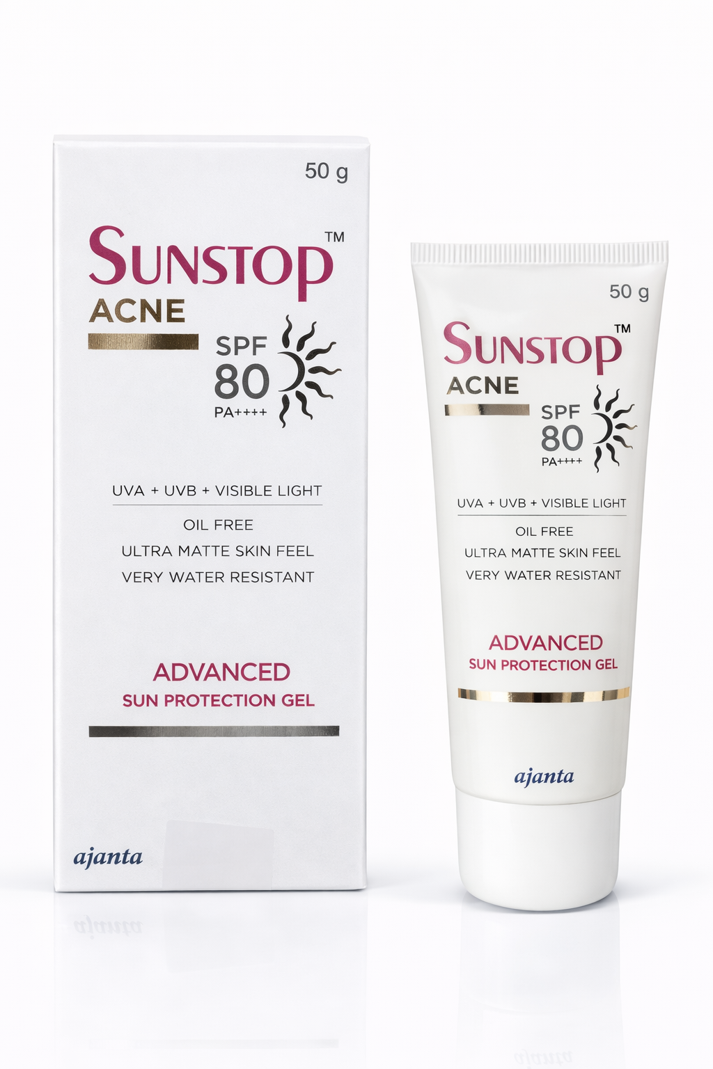 sunstop acne spf 80 pa++++ sunscreen gel | advanced sun protection | oil-free ultra matte | uva uvb + visible light protection | 50g