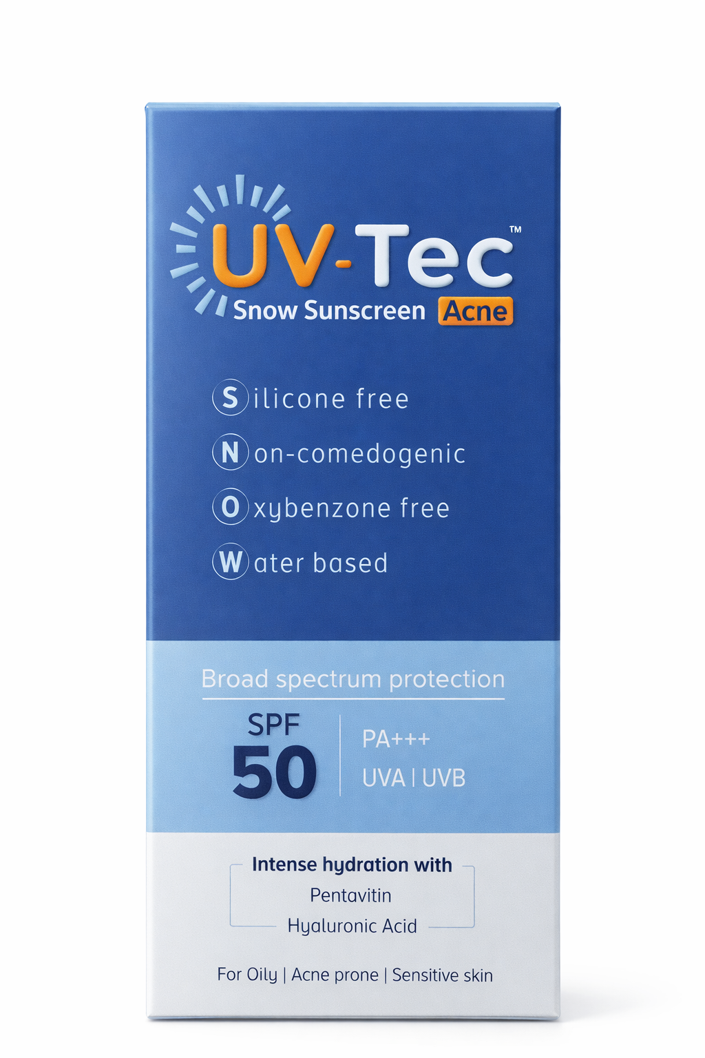 uv-tec snow sunscreen gel – water-based, silicone-free, spf 50 pa+++, hydrating sunscreen for oily, acne-prone & sensitive skin (50g)