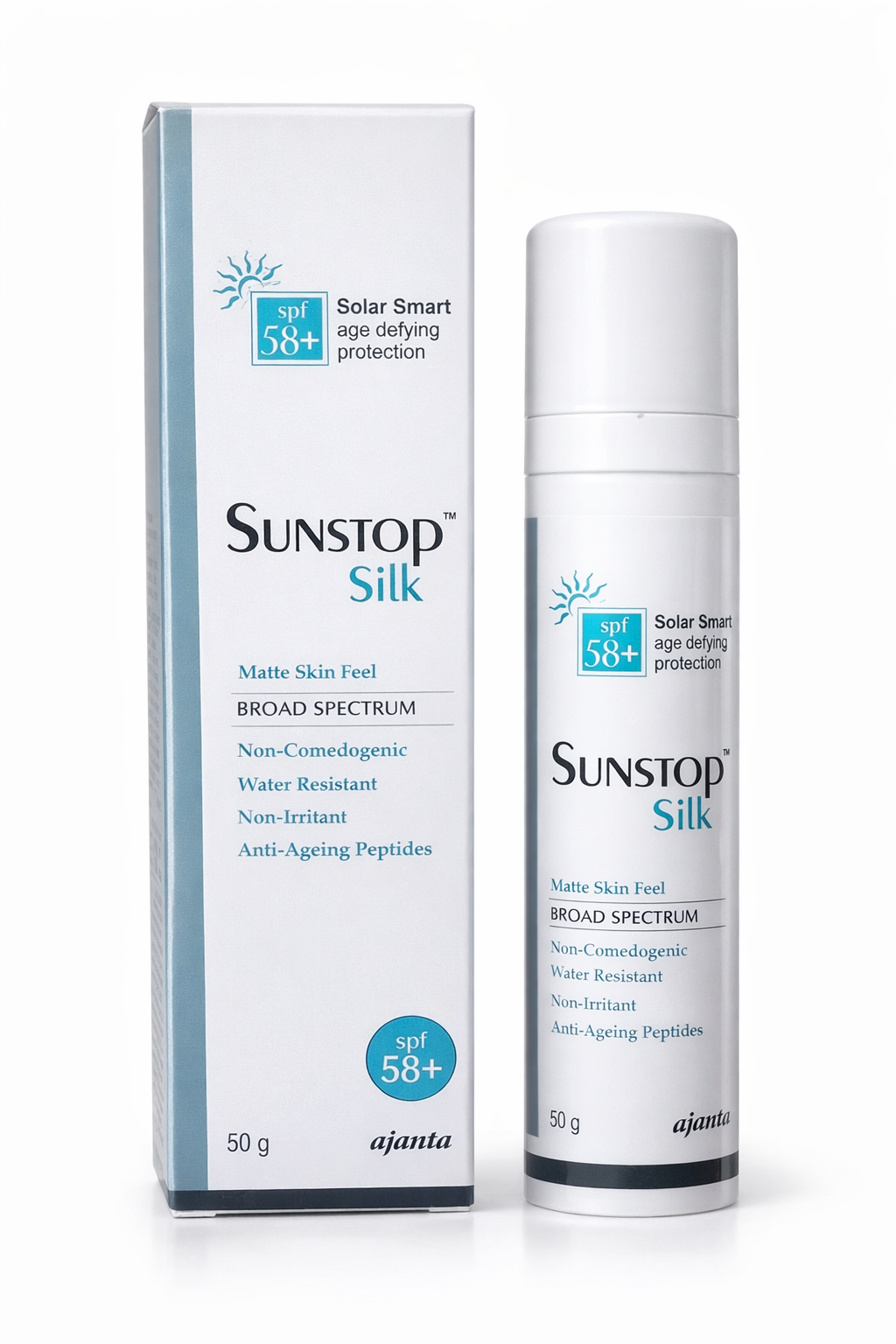 sunstop silk spf 58+ sunscreen | solar smart age defying protection | matte skin feel | broad spectrum | non-comedogenic & water resistant | 50g