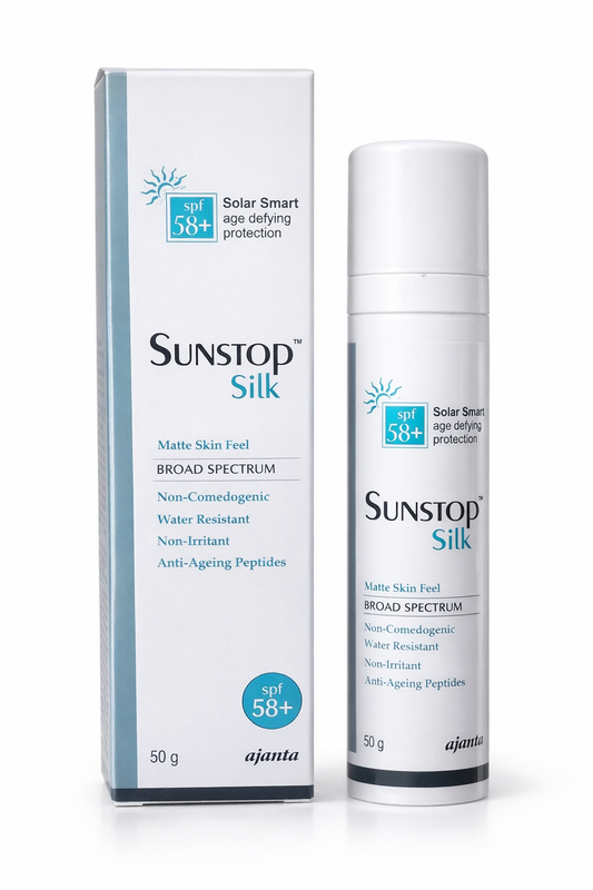 Sunstop Silk SPF 58+ Sunscreen | Solar Smart Age Defying Protection | Matte Skin Feel | Broad Spectrum | Non-Comedogenic & Water Resistant | 50g