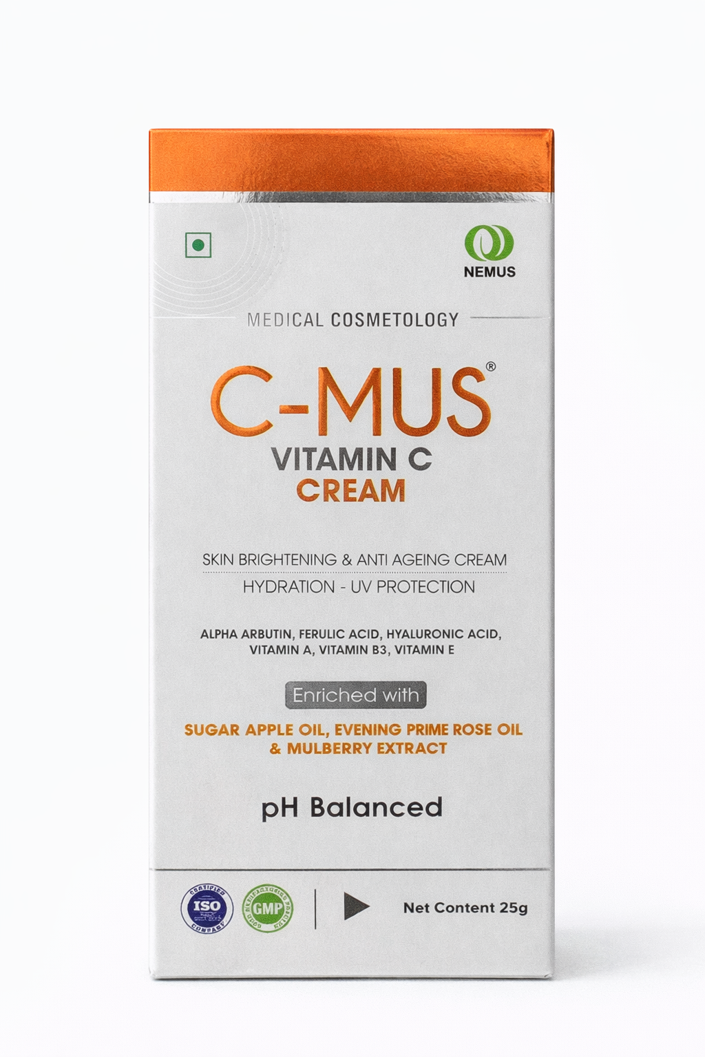 c-mus vitamin c cream | skin brightening & anti-ageing | with alpha arbutin, ferulic acid & hyaluronic acid | 25g