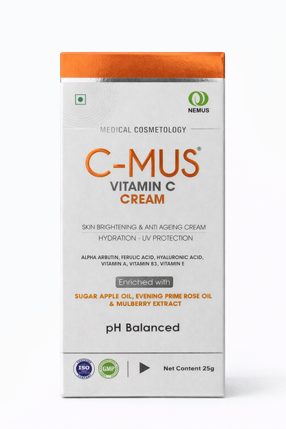 C-MUS Vitamin C Cream | Skin Brightening & Anti-Ageing | With Alpha Arbutin, Ferulic Acid & Hyaluronic Acid | 25g