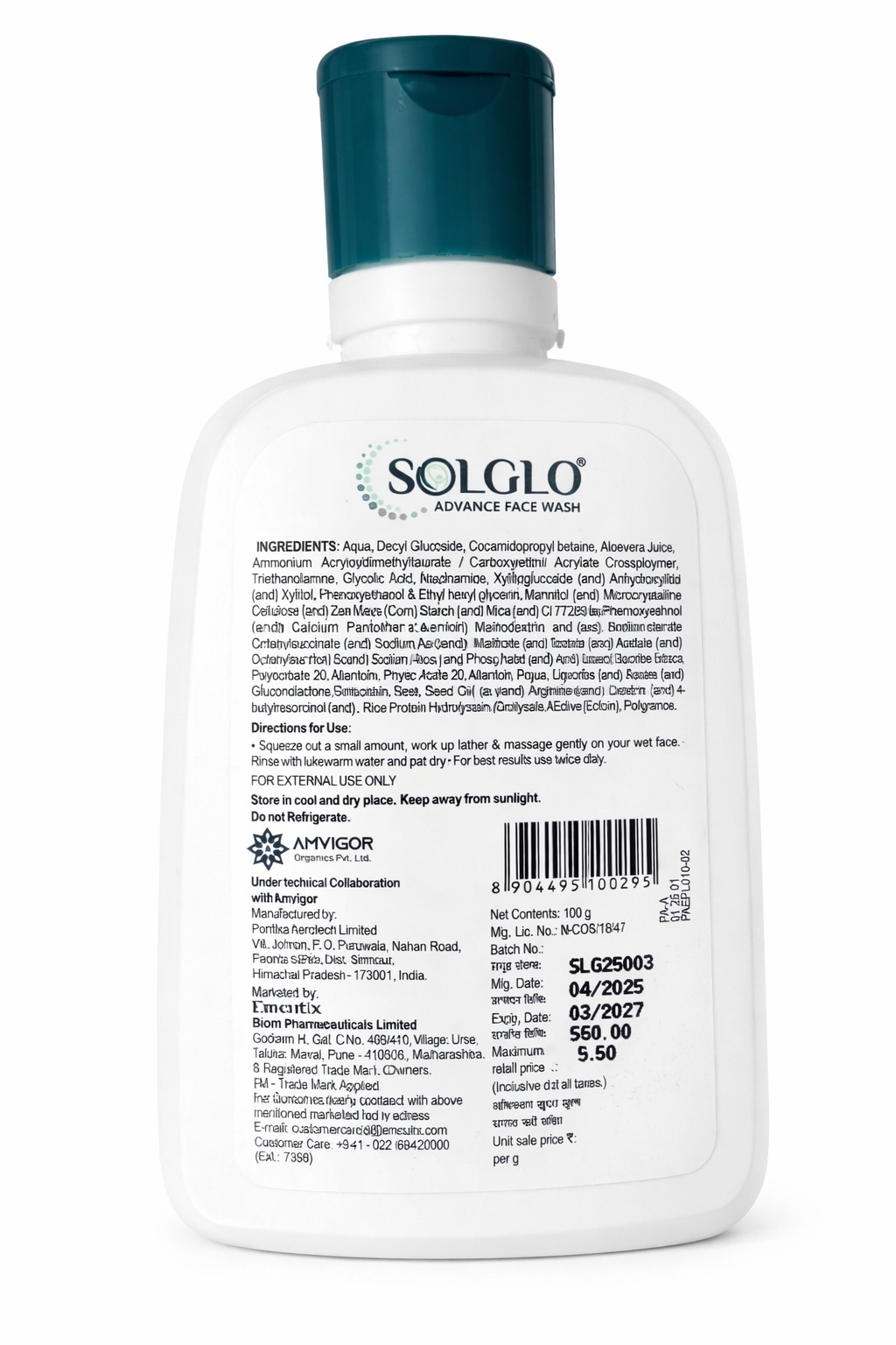 solglo advance face wash | skin friendly ph cleanser | sulfate & paraben free | 100g