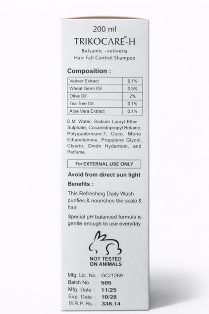 TRIKOCARE-H Hair Fall Control Shampoo with Balsamic-Vetiveria & Aloe Vera – 200ml | pH Balanced & Paraben-Free
