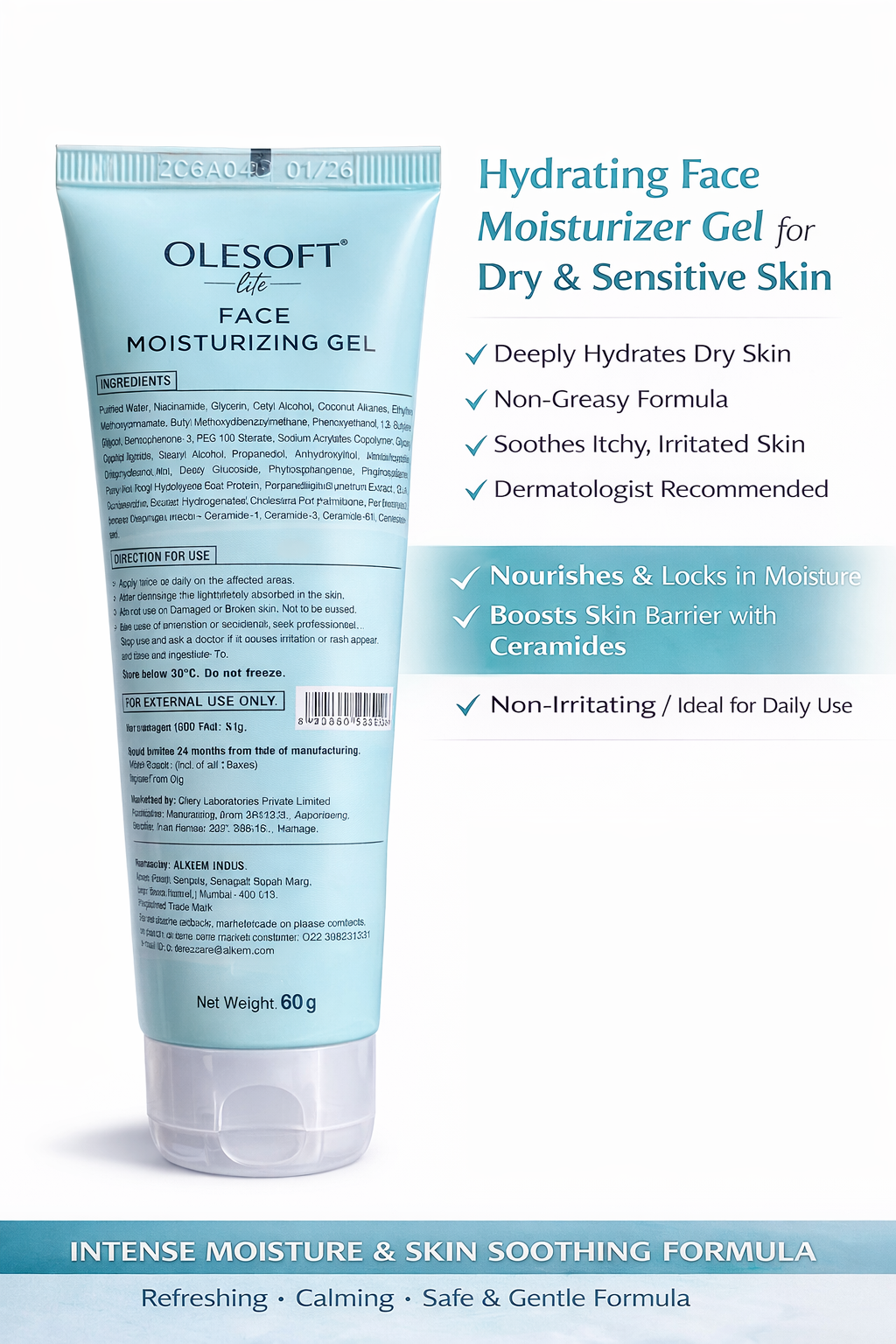 olesoft-lite face moisturizing gel – spf 50 pa++++ | hydrates, repairs & protects