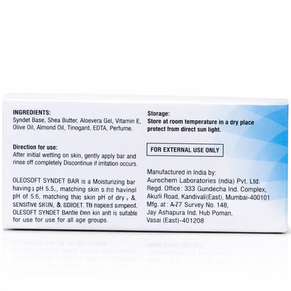 Olesoft Cleansing & Moisturizing Syndet Bar | pH 5.5 | Shea Butter | For Dry & Sensitive Skin | Soap-Free & Paraben-Free (75g)