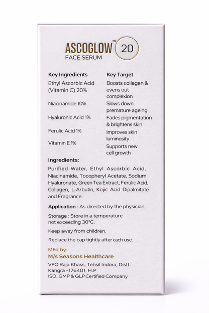ASCOGLOW™ 20 Vitamin C Face Serum – Brightening & Anti-Aging Formula with Hyaluronic Acid & Ferulic Acid (20ml)
