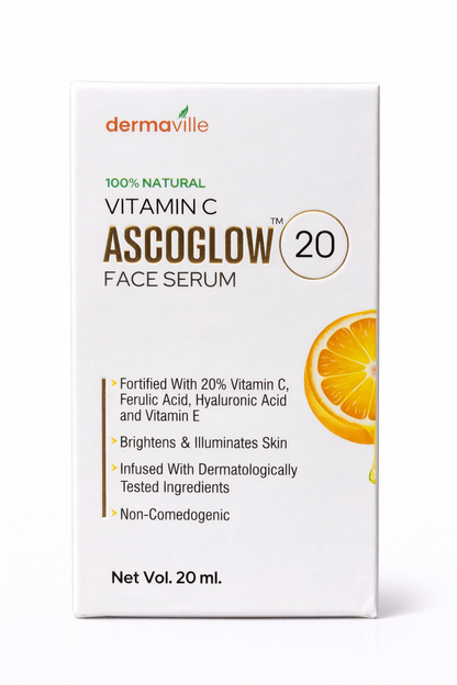 ASCOGLOW™ 20 Vitamin C Face Serum – Brightening & Anti-Aging Formula with Hyaluronic Acid & Ferulic Acid (20ml)