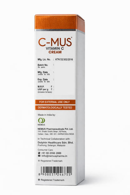 C-MUS Vitamin C Cream | Skin Brightening & Anti-Ageing | With Alpha Arbutin, Ferulic Acid & Hyaluronic Acid | 25g