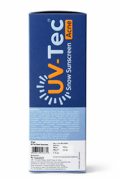 UV-Tec Snow Sunscreen Gel – Water-Based, Silicone-Free, SPF 50 PA+++, Hydrating Sunscreen for Oily, Acne-Prone & Sensitive Skin (50g)