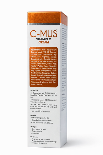 C-MUS Vitamin C Cream | Skin Brightening & Anti-Ageing | With Alpha Arbutin, Ferulic Acid & Hyaluronic Acid | 25g